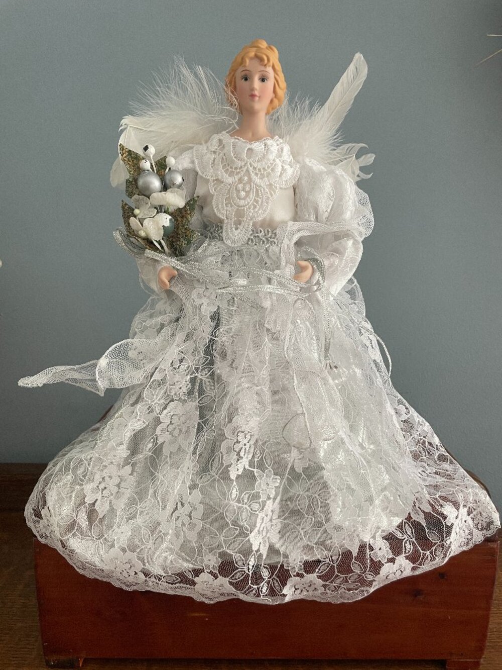 Angel Tree Topper Tabletop Christmas Decor 12” Silver and White